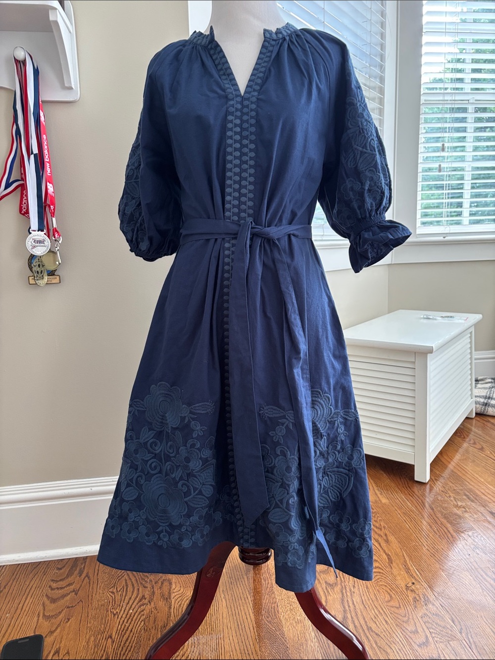 Navy Embroidered Midi Dress with Belt - Picture 5 of 8